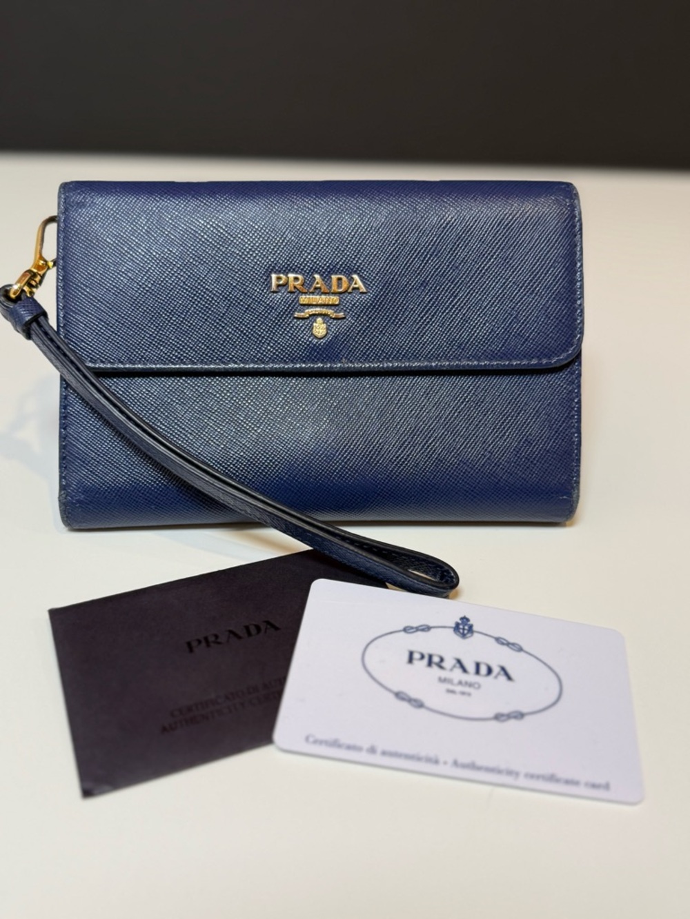 Prada Saffiano Leather Wallet in Deep Blue with Gold Hardware
